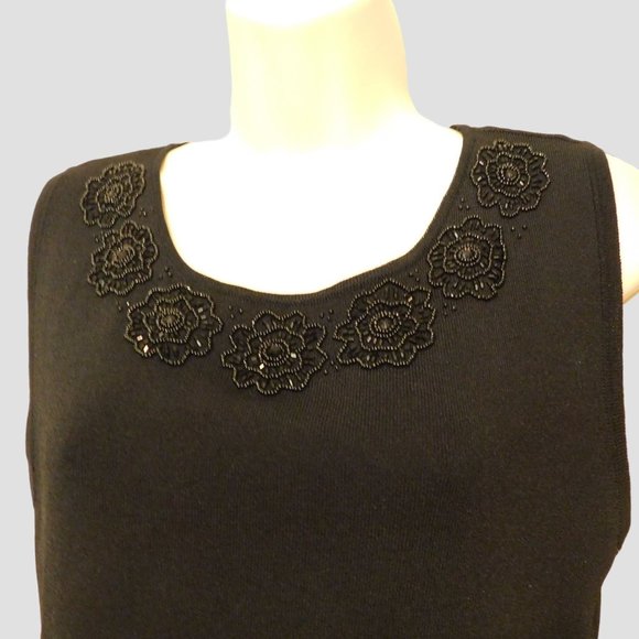 Finity Sweater Top L Black Beaded Floral Sleeveless Scoop Neck Rayon Blend - Picture 3 of 6